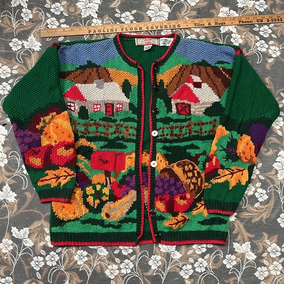 Colorful Farmhouse Scene Sweater Vintage 80โs Hand Knit Cardigan Bay - Picture 1 of 11